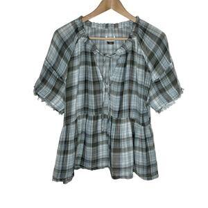 Pilcro Anthropologie Short Sleeve Babydoll Top Medium Blue Plaid Gauze Oversized